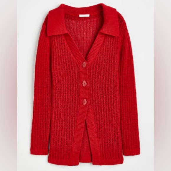 H&M Red Open Knit Cotton Blend Collared Button Down Long Cardigan size XS - Picture 3 of 13